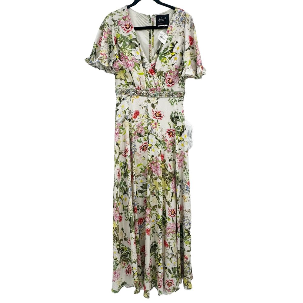 Mac Duggal Floral Print Faux Wrap Flutter Sleeve A-Line Gown Multicolor 12 NWT - Picture 5 of 11